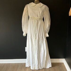 Vintage Handmade 1970s Edwardian Style Wedding Dress with Lace Bow